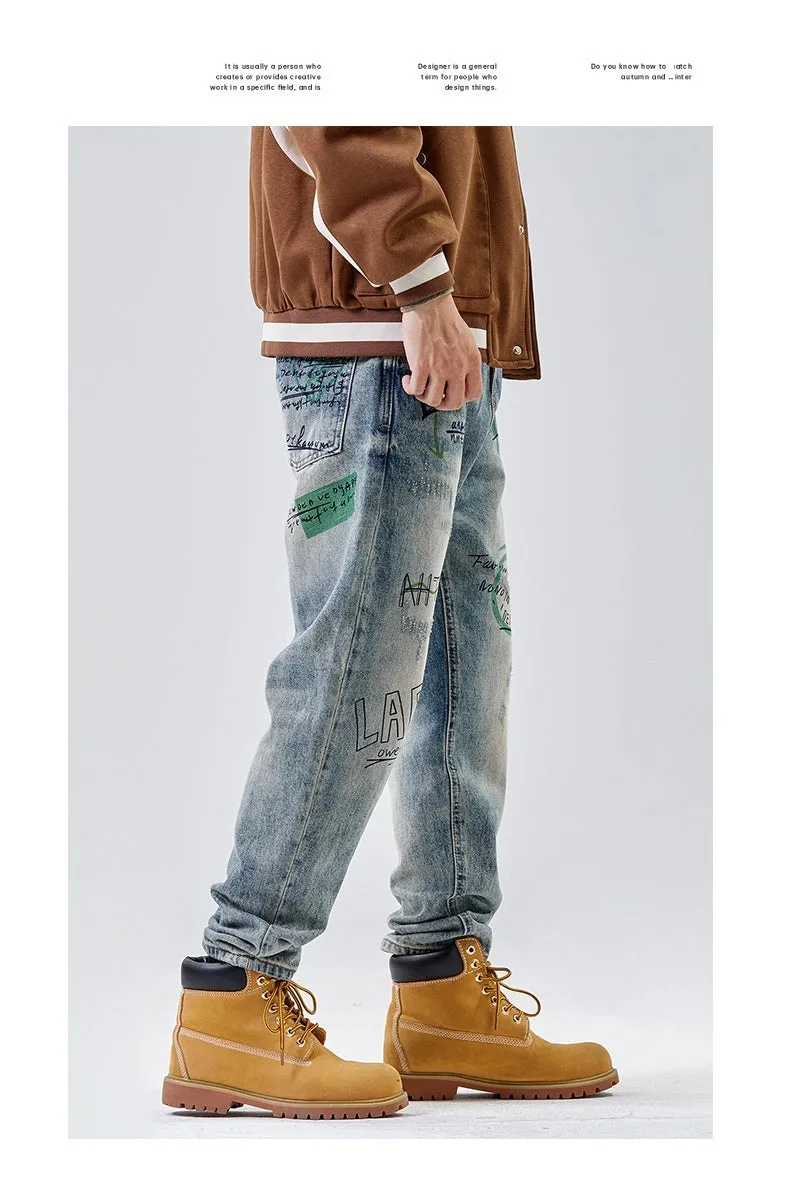 American Print Denim Casual Loose Straight Dad Trousers For Men