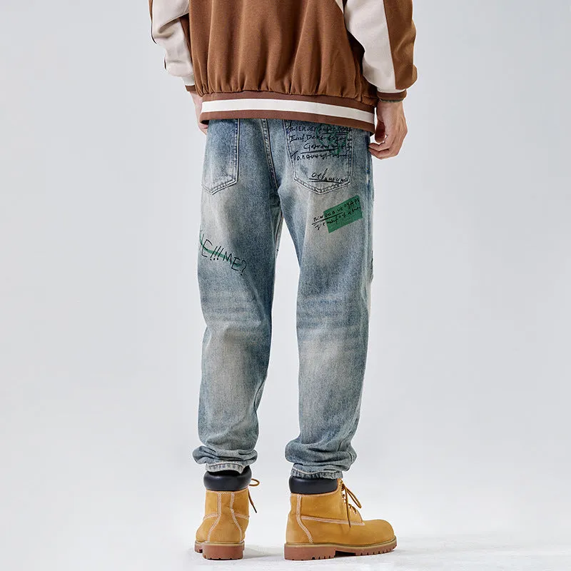 American Print Denim Casual Loose Straight Dad Trousers For Men