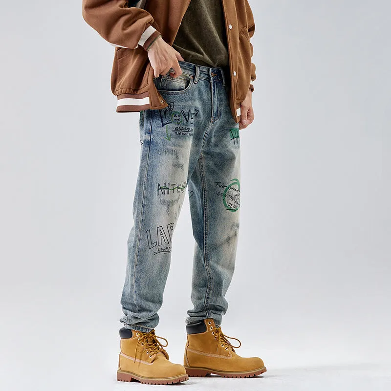 American Print Denim Casual Loose Straight Dad Trousers For Men