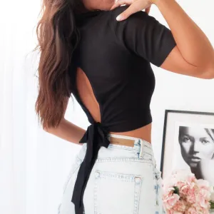 Back Tie Sweater Top - Black