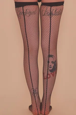 Bettie Page Fishnet Seamed Hold Ups Black AUS 8 - 22