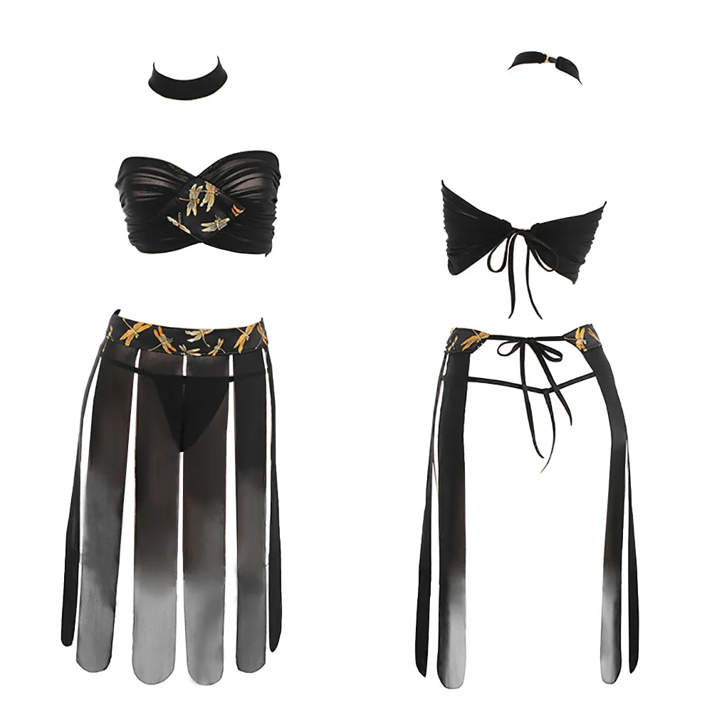Chinese Vintage Bandeau Set Sheer Mesh Tube Bra and Slit Skirt Costume