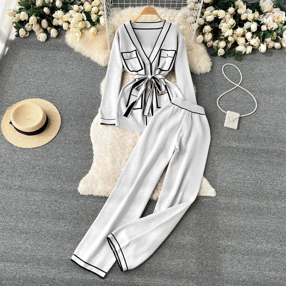 Contrast Color Suit Women's Long Sleeve V-neck Lace-up Knitwear Draping Wide Leg Trousers Two-piece Set