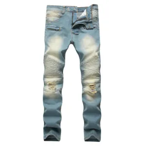 Cross border special for men's zipper. jeans. broken holes. dragging the yellow. nostalgic men. Europe and America high street stretch pants