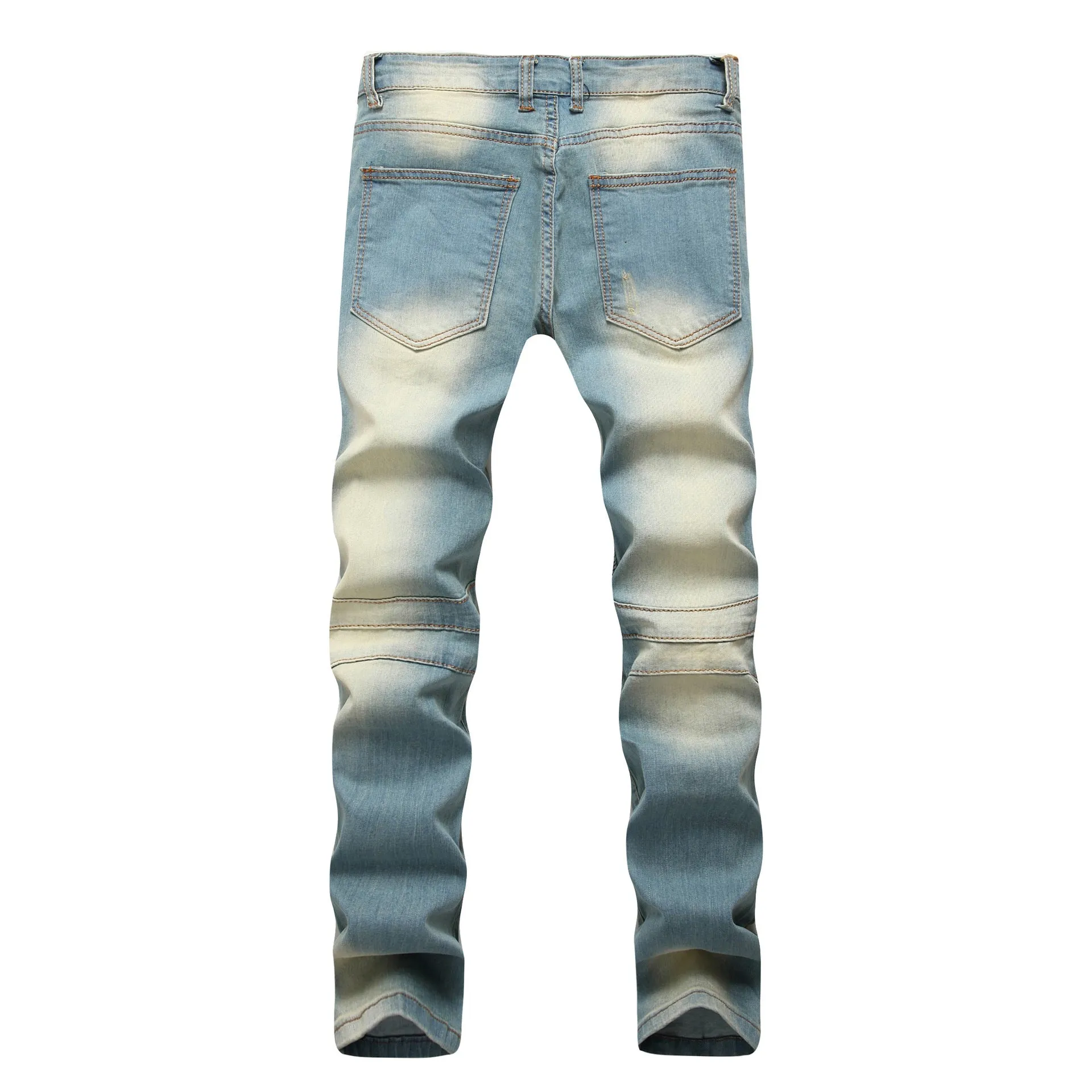 Cross border special for men's zipper. jeans. broken holes. dragging the yellow. nostalgic men. Europe and America high street stretch pants
