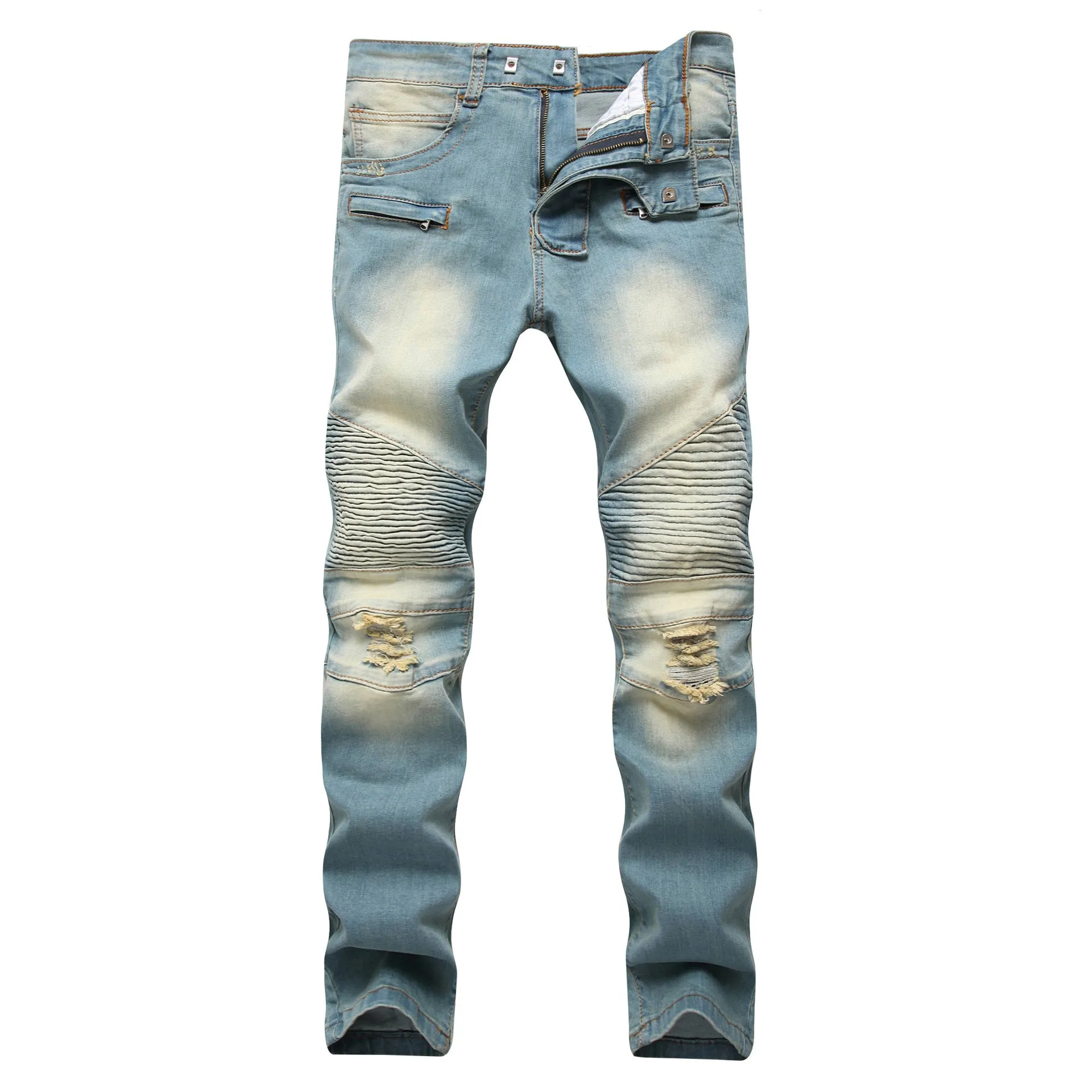 Cross border special for men's zipper. jeans. broken holes. dragging the yellow. nostalgic men. Europe and America high street stretch pants