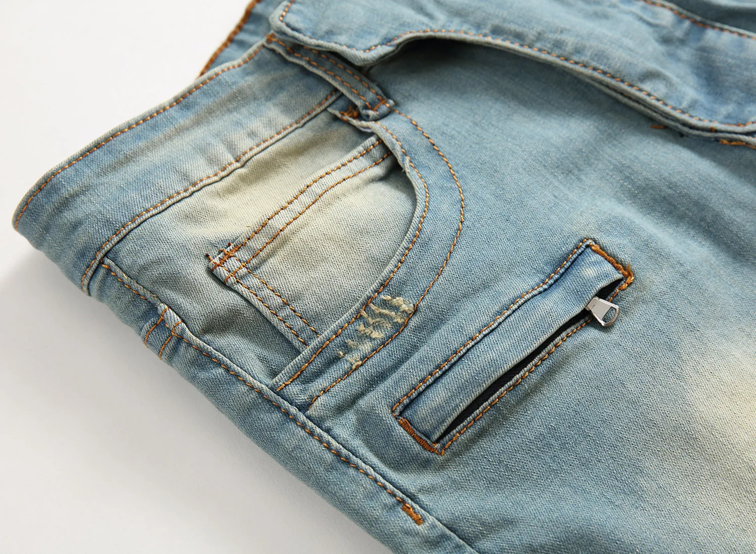 Cross border special for men's zipper. jeans. broken holes. dragging the yellow. nostalgic men. Europe and America high street stretch pants