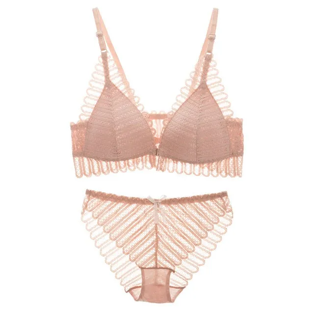 DeRuiLaDy Sexy Lace Bra Set Backless Bra and Panty Set Front Closure Seamless Push Up Underwear Briefs Women Wireless Lingerie