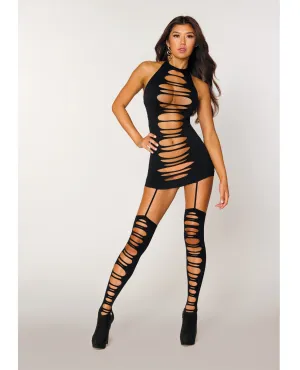 Dreamgirl Seamless Opaque Halter Garter Dress w/Attached Thigh Highs