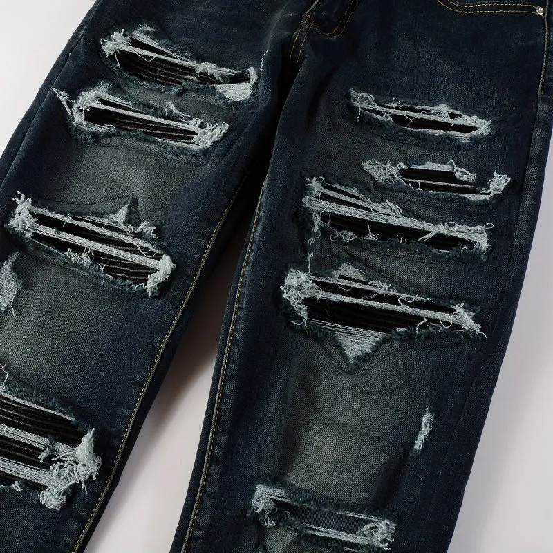 European And American High Street Jeans Blue Ripped Leather Patchwork
