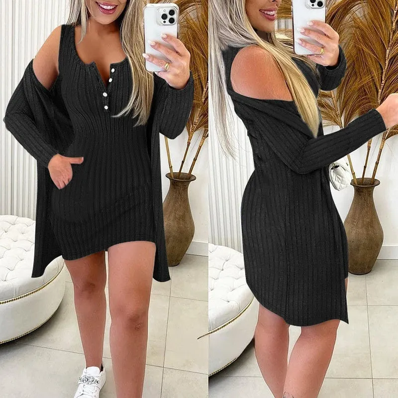 European And American Sunken Stripe Vest Skirt Long-sleeved Jacket Two-piece Set