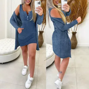 European And American Sunken Stripe Vest Skirt Long-sleeved Jacket Two-piece Set