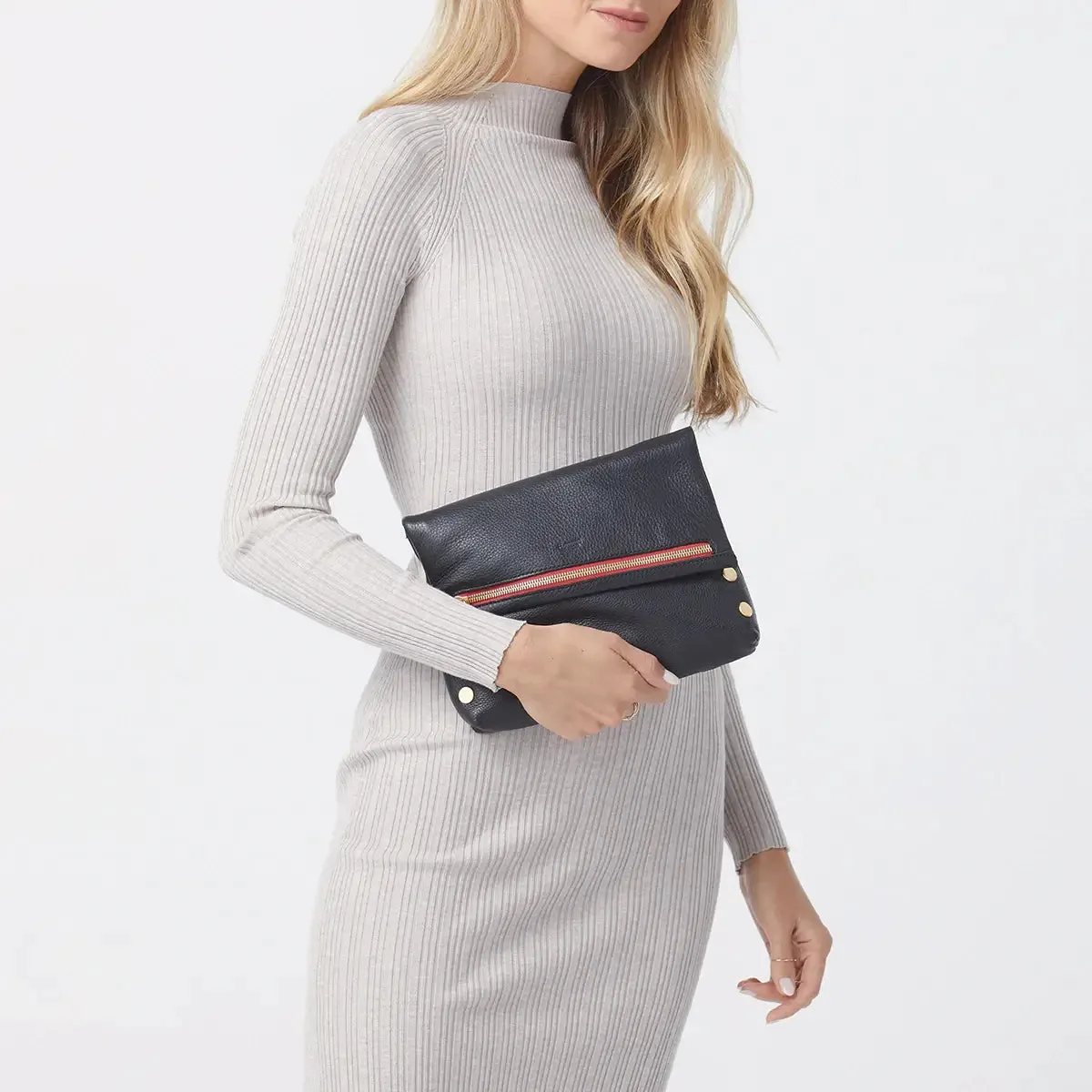 Hammitt VIP Med Zippered Leather Crossbody Clutch Black/Brushed Gold Red Zip