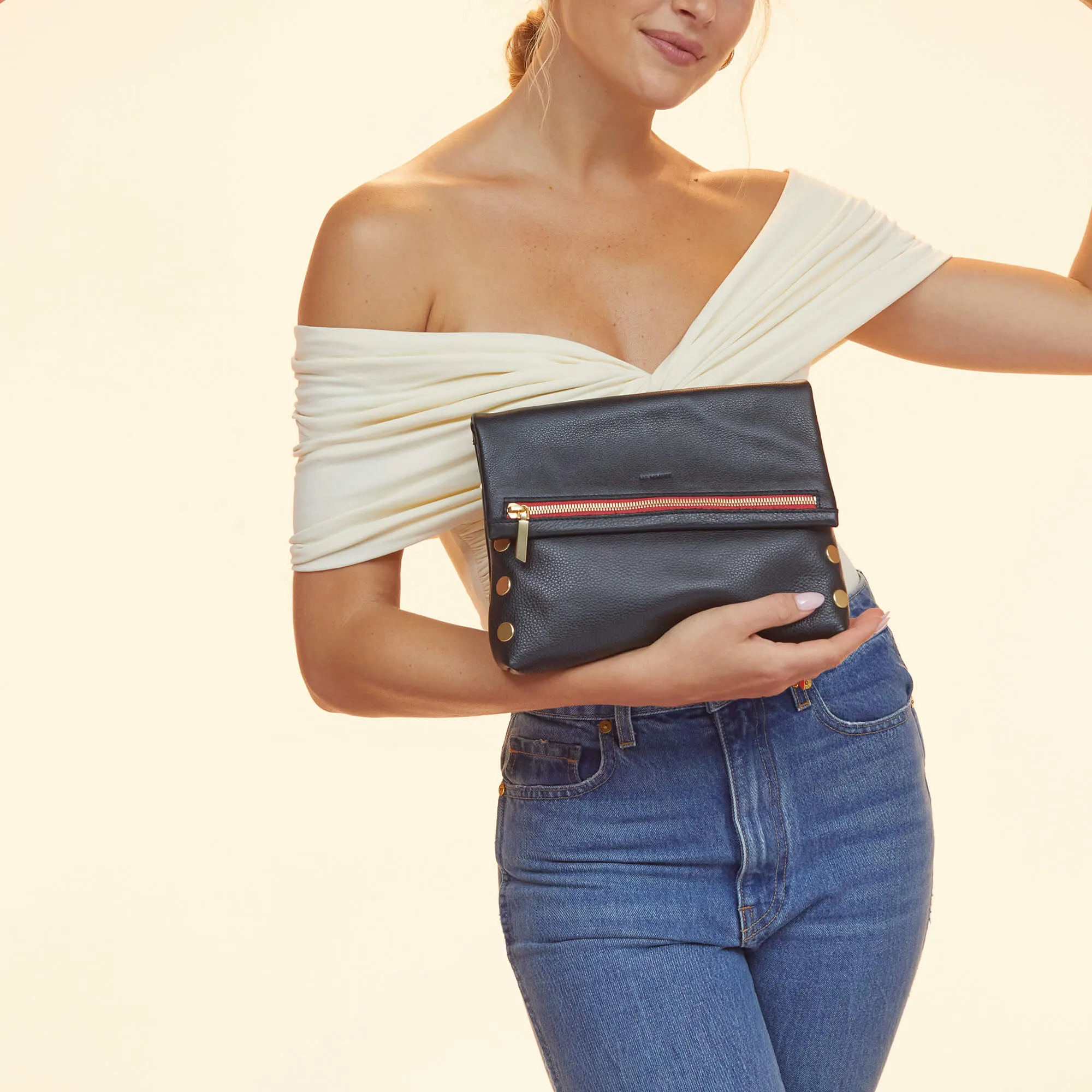 Hammitt VIP Med Zippered Leather Crossbody Clutch Black/Brushed Gold Red Zip