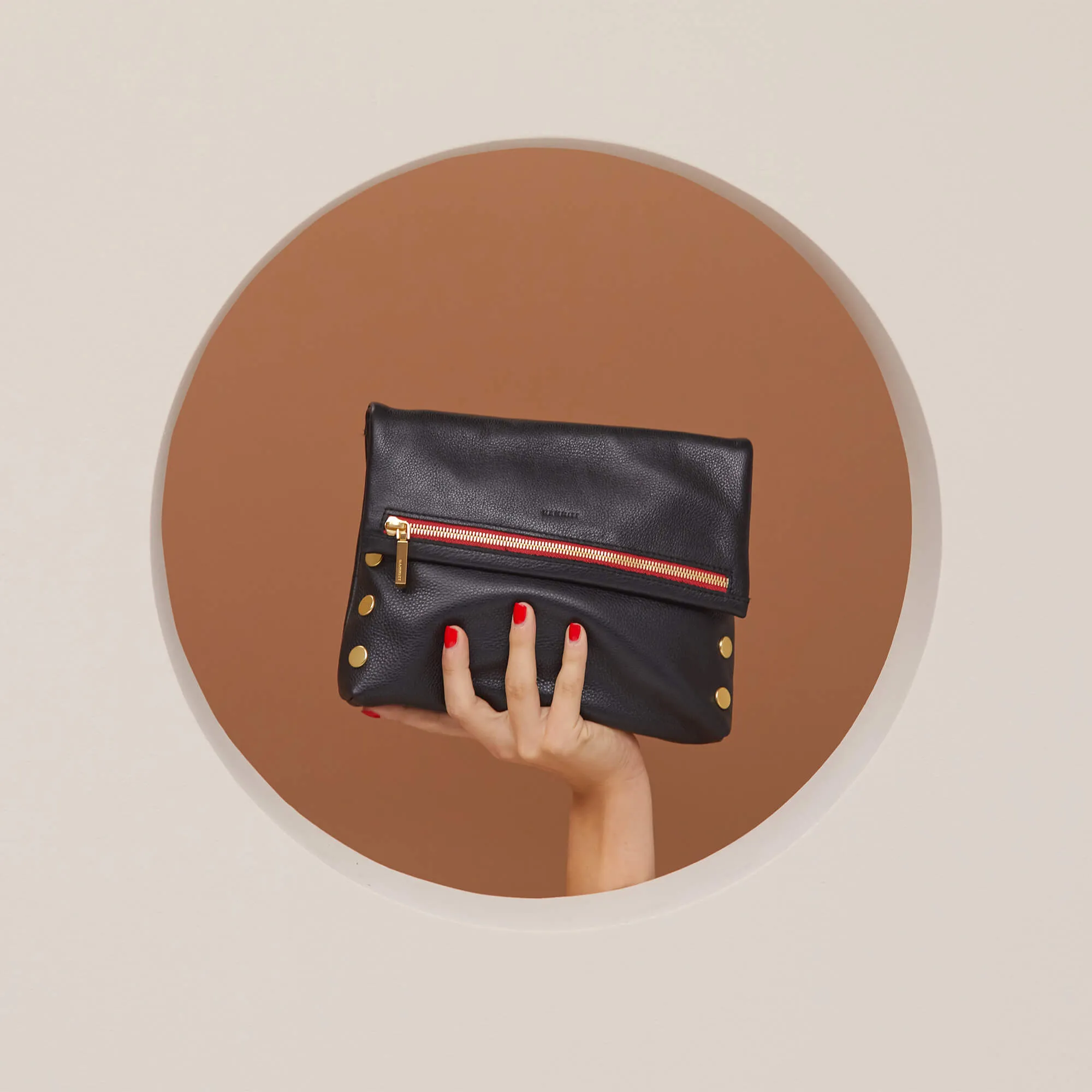 Hammitt VIP Med Zippered Leather Crossbody Clutch Black/Brushed Gold Red Zip