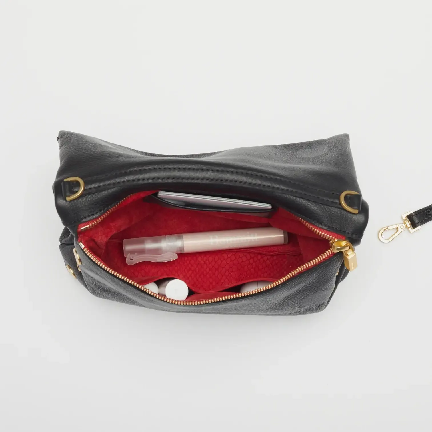 Hammitt VIP Med Zippered Leather Crossbody Clutch Black/Brushed Gold Red Zip