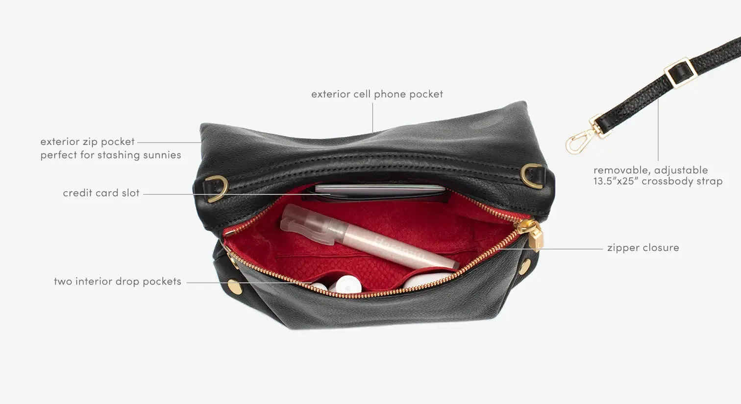 Hammitt VIP Med Zippered Leather Crossbody Clutch Black/Brushed Gold Red Zip