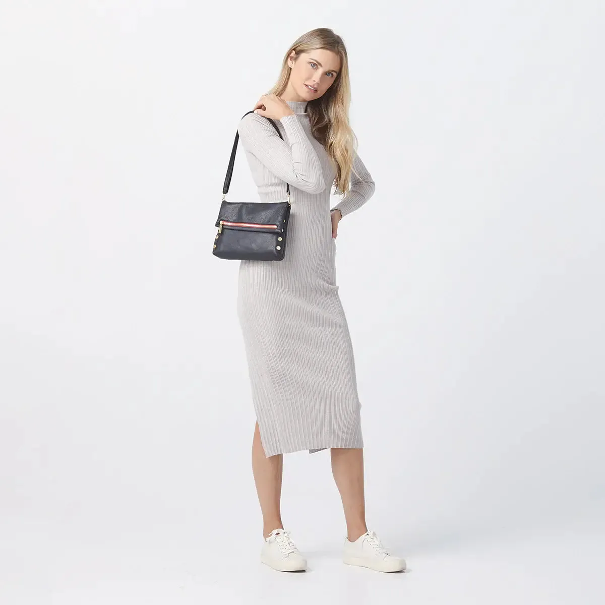 Hammitt VIP Med Zippered Leather Crossbody Clutch Black/Brushed Gold Red Zip