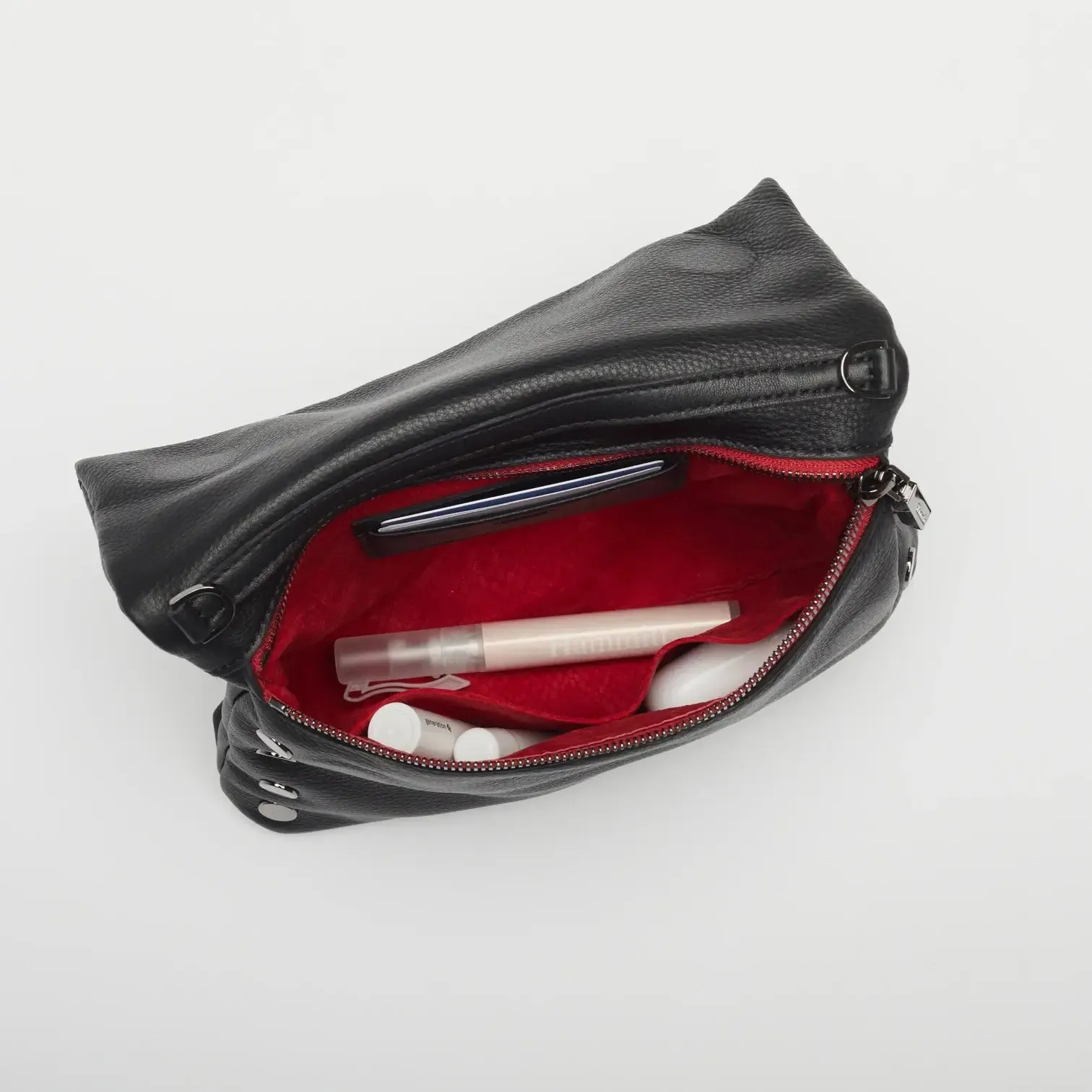 Hammitt VIP Med Zippered Leather Crossbody Clutch Black/Gunmetal Red Zip