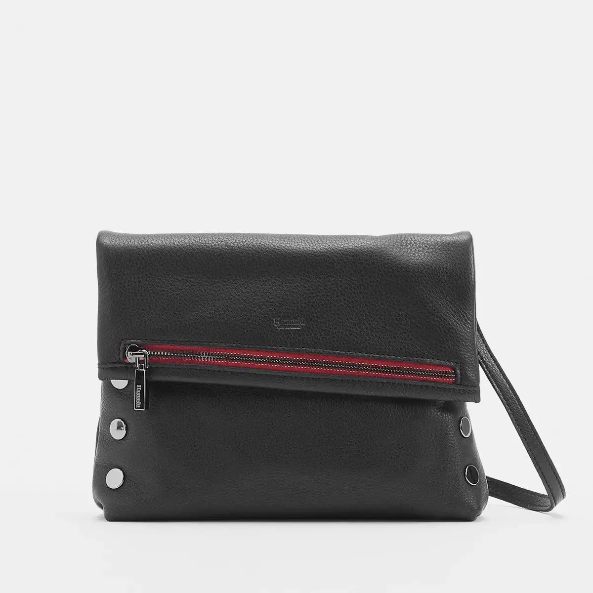 Hammitt VIP Med Zippered Leather Crossbody Clutch Black/Gunmetal Red Zip
