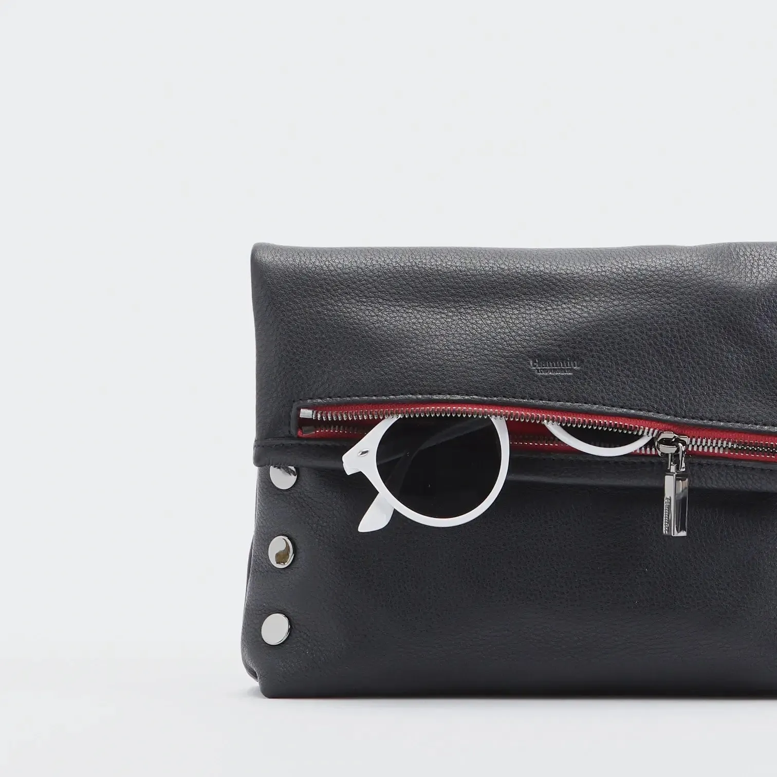 Hammitt VIP Med Zippered Leather Crossbody Clutch Black/Gunmetal Red Zip