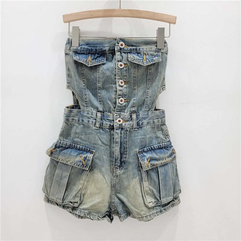 Hot Girl Breasted Hollow-out Midriff Tube Top Cowboy Siamese Shorts For Women