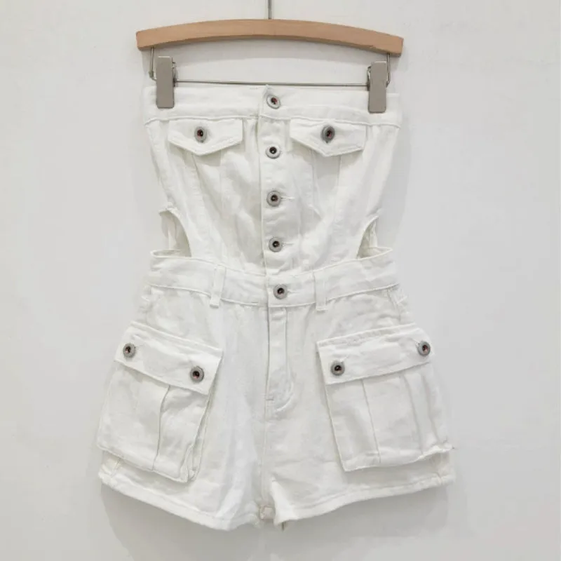 Hot Girl Breasted Hollow-out Midriff Tube Top Cowboy Siamese Shorts For Women