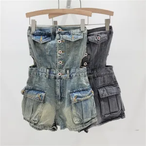 Hot Girl Breasted Hollow-out Midriff Tube Top Cowboy Siamese Shorts For Women