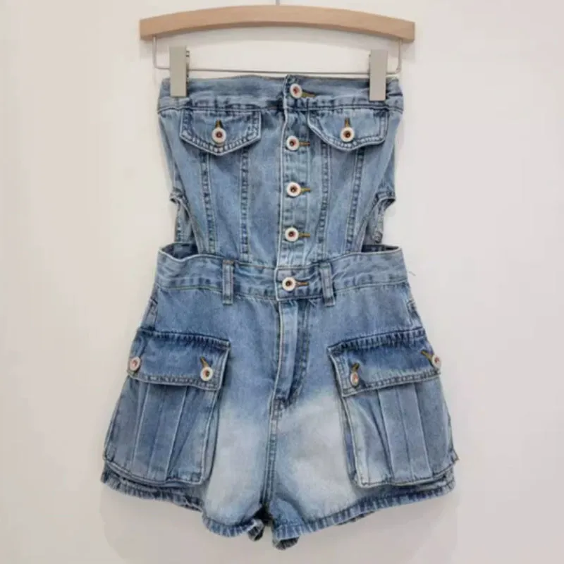 Hot Girl Breasted Hollow-out Midriff Tube Top Cowboy Siamese Shorts For Women