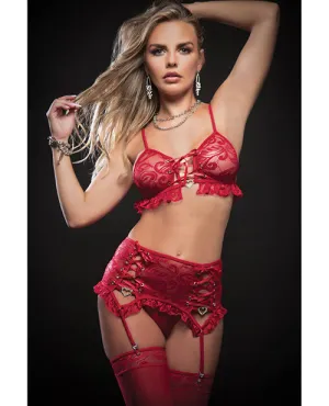 Laced Bra. Garter Skirt. Thong & Stockings O/s