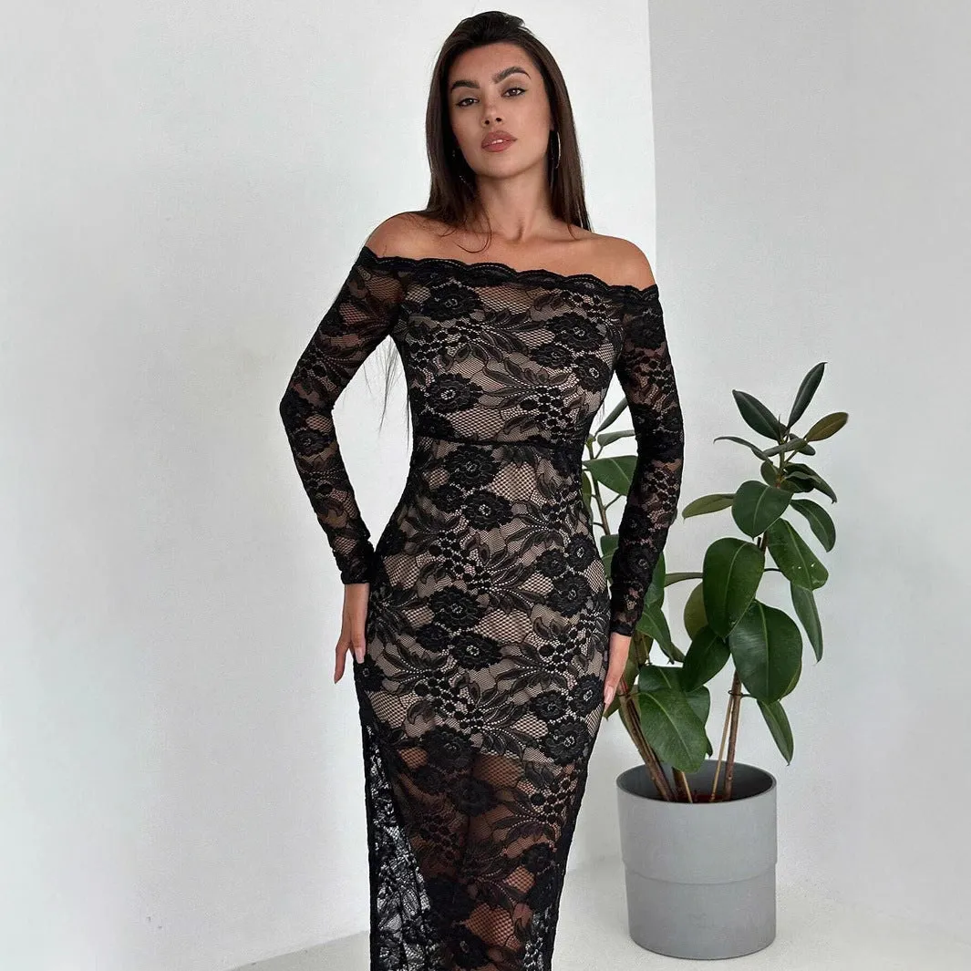 Ladies Sexy Black Strapless Lace Long Dress