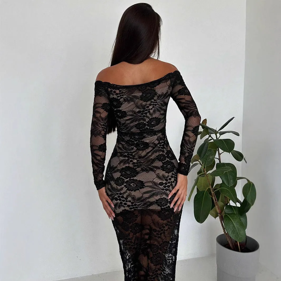 Ladies Sexy Black Strapless Lace Long Dress