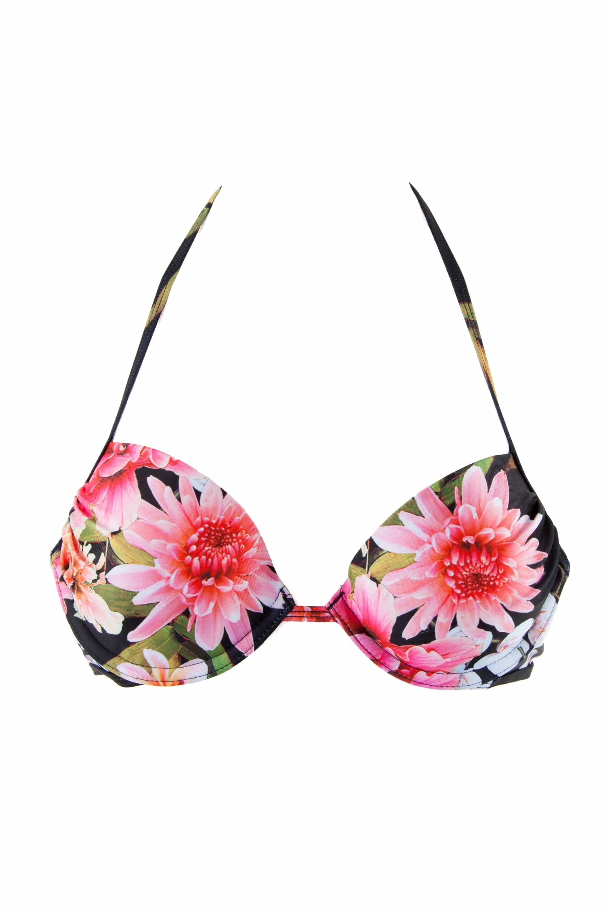 Peek & Beau Black Floral Print Push Up Plunge Bikini Top