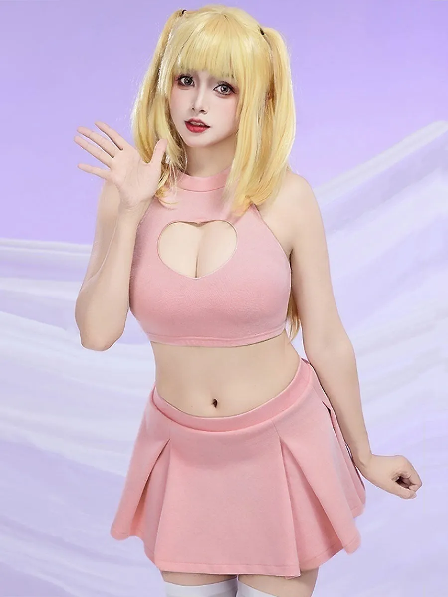 Pink Heart Cutout Crop Top and Mini Skirt