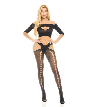 Pink Lipstick All Slashed Out Top. G-String & Pantyhose Black O/S