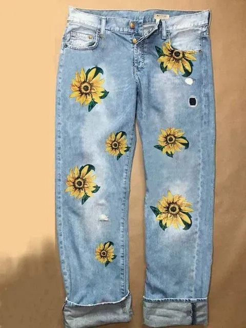 Printed washed wide-leg trousers