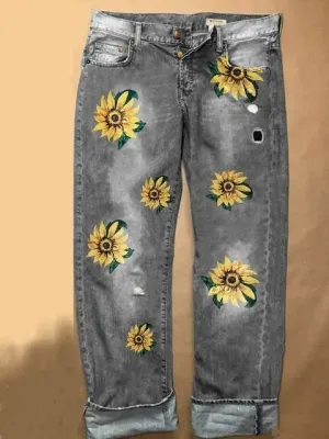 Printed washed wide-leg trousers