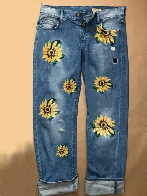 Printed washed wide-leg trousers