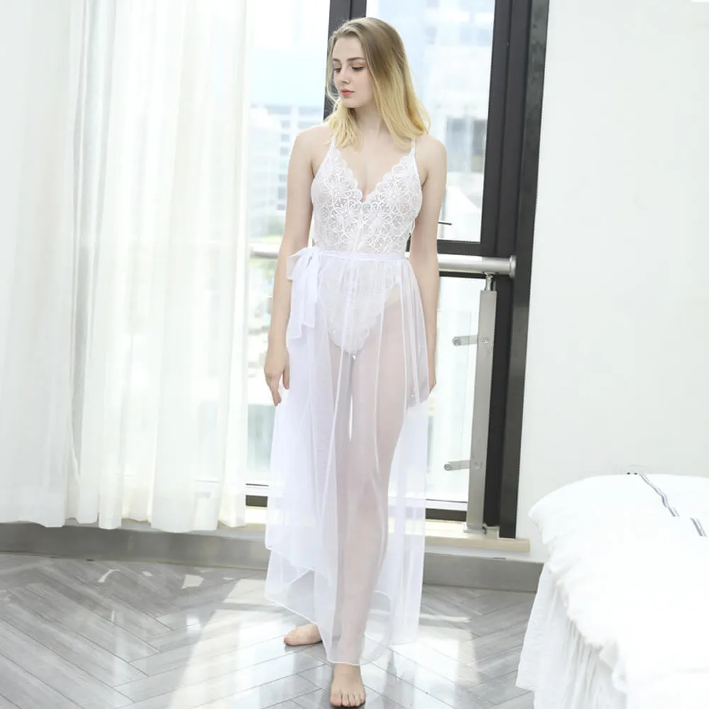 Sexy See Through Long Lingerie Dress Backless Bodysuit with Sheer Skirt Deep V-neck Lace Maxi Dress