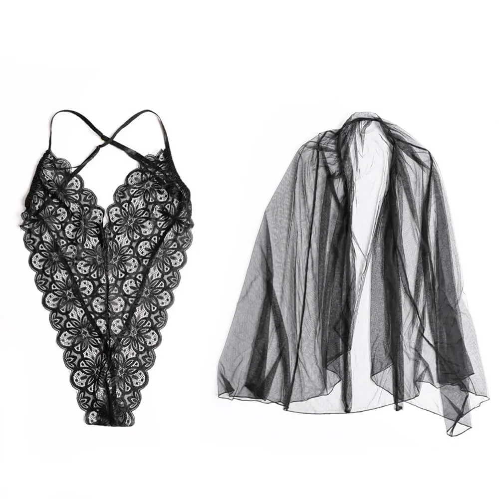 Sexy See Through Long Lingerie Dress Backless Bodysuit with Sheer Skirt Deep V-neck Lace Maxi Dress