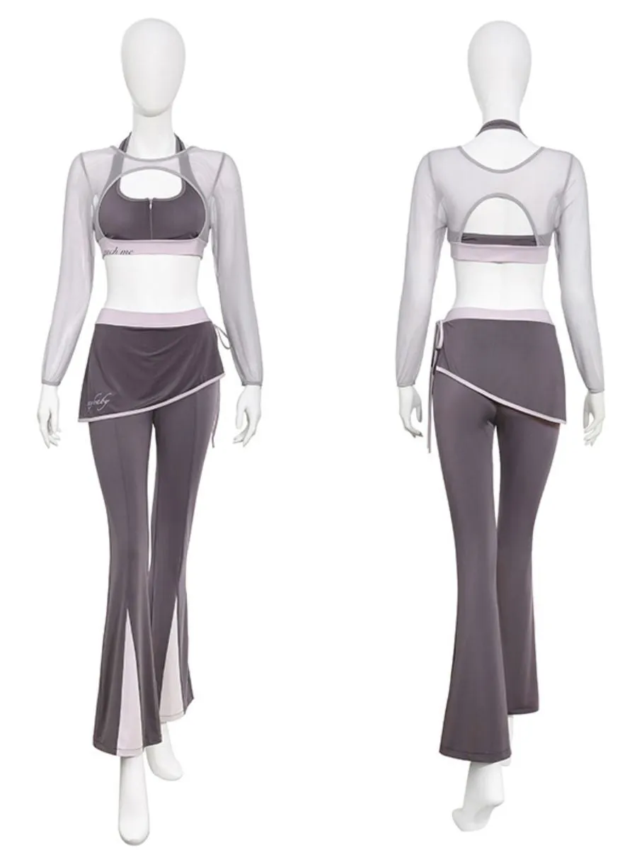 Sheer Mesh Bra Top Flared Pants and Wrap Skirt