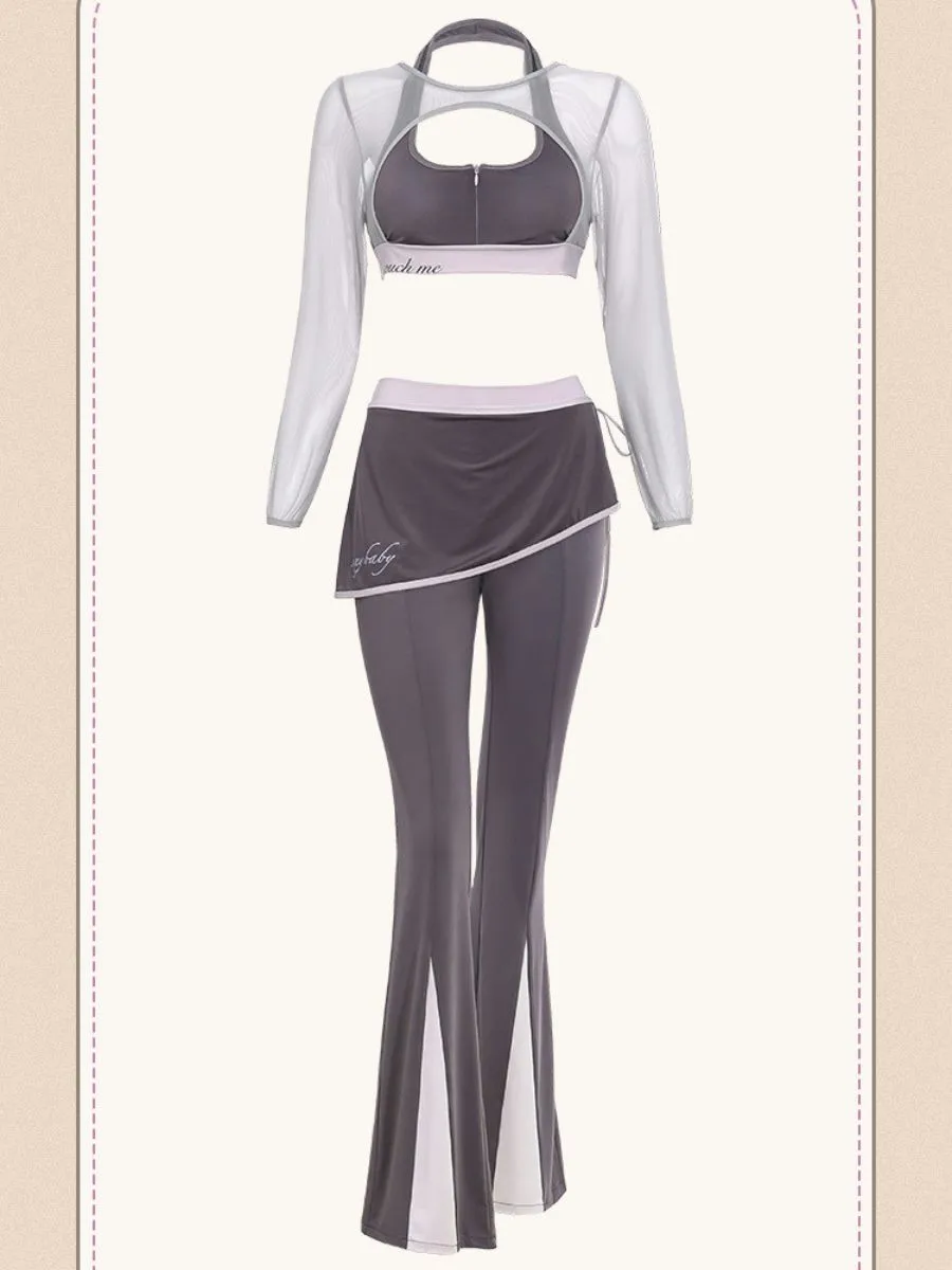 Sheer Mesh Bra Top Flared Pants and Wrap Skirt