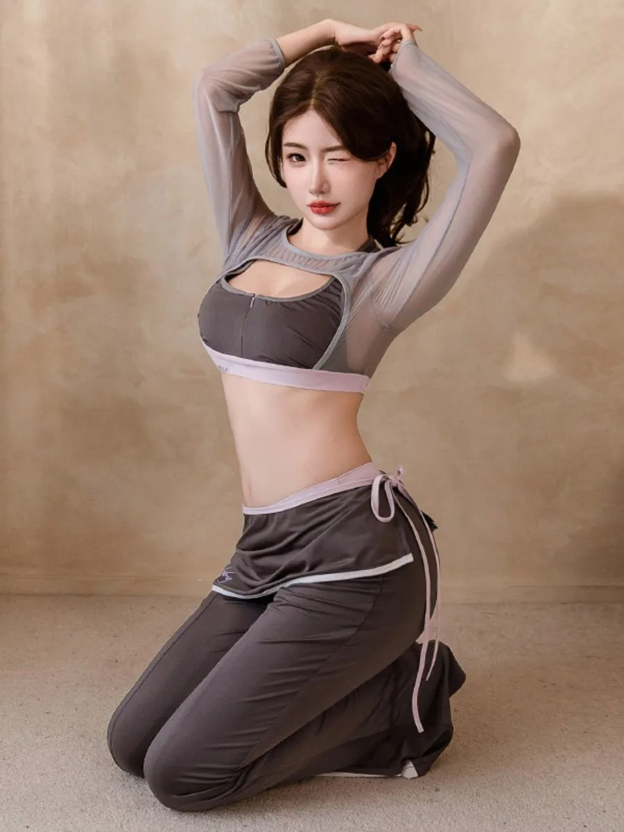 Sheer Mesh Bra Top Flared Pants and Wrap Skirt