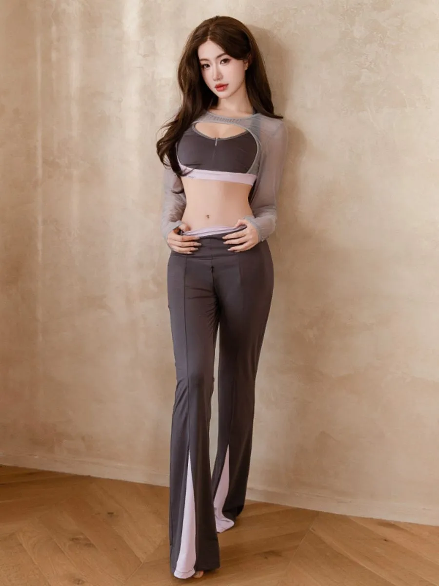 Sheer Mesh Bra Top Flared Pants and Wrap Skirt