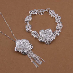silver Jewelry Setsilver plated JewelryFlower Necklace Bracelet Set SMTS438 ELY