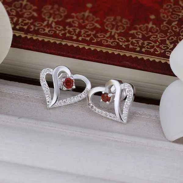 silver plated Earing Sterling Silver Jewelry Inlaid Stone Heart stud Earrings 371 ELY