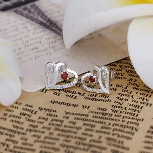 silver plated Earing Sterling Silver Jewelry Inlaid Stone Heart stud Earrings 371 ELY