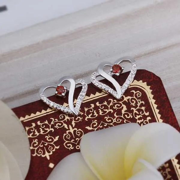 silver plated Earing Sterling Silver Jewelry Inlaid Stone Heart stud Earrings 371 ELY