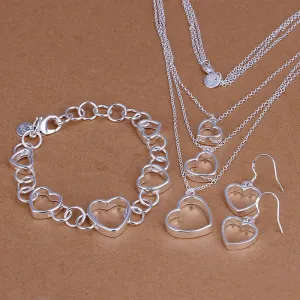 silver plated heart jewelry sets necklace bracelet bangle earring ring SMTS149 ELY