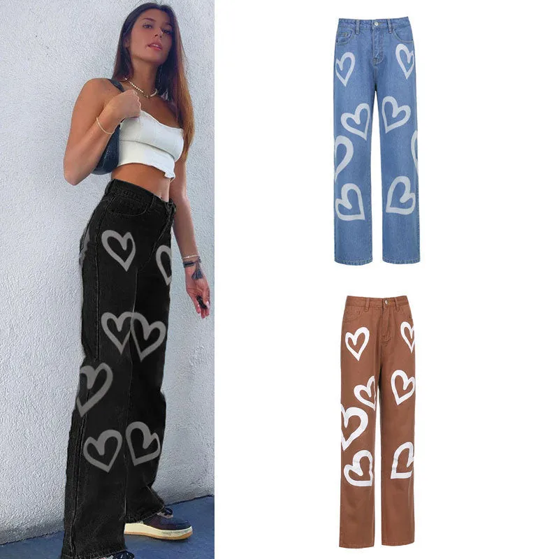 Wide-leg Jeans Women's Love Print Straight Loose
